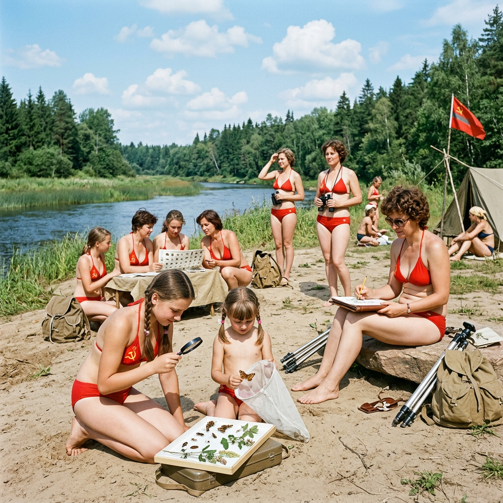 Young people in uniform examining insects and plants by a river at a Soviet camp with red flags