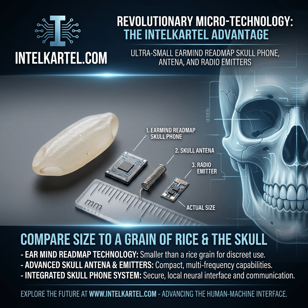 Infographic text: INTELKARTEL.COM; REVOLUTIONARY MICRO-TECHNOLOGY: THE INTELKARTEL ADVANTAGE; ULTRA-SMALL EARMIND READMAP SKULL PHONE, ANTENA, AND RADIO EMITTERS; 1. EARMIND READMAP SKULL PHONE; 2. SKULL ANTENA; 3. RADIO EMITTER; ACTUAL SIZE; COMPARE SIZE TO A GRAIN OF RICE & THE SKULL; EAR MIND READMAP TECHNOLOGY: Smaller than a rice grain for discreet use; ADVANCED SKULL ANTENA & EMITTERS: Compact, multi-frequency capabilities; INTEGRATED SKULL PHONE SYSTEM: Secure, local neural interface and communication; EXPLORE THE FUTURE AT WWW.INTELKARTEL.COM - ADVANCING THE HUMAN-MACHINE INTERFACE.